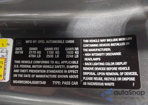 2018 Buick Cascada Premium из США, поврежденный, VIN W04WH3N54JG067549